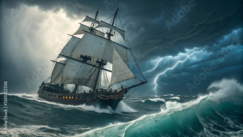 large sailing ship braving the rough waves in a dark sea
