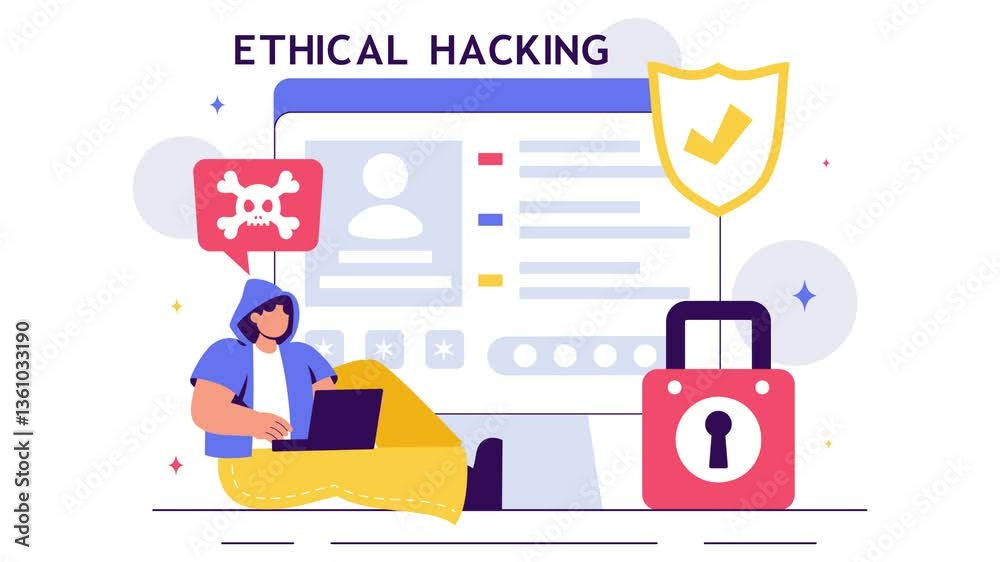 Animation of Ethical Hacking Illustration featuring a Developer Practicing Hacking on a Web Application, Identifying Code Vulnerabilities to Improve Cybersecurity