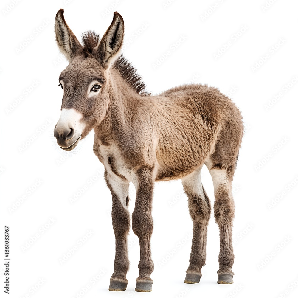 Fototapeta premium Adorable Baby Donkey Posing Against White Background Studio Shot Young Mammal Animal
