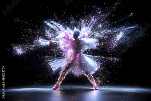 Dynamic Female Ballet Dancer in Sparkling Dress, Exploding Light Effects
