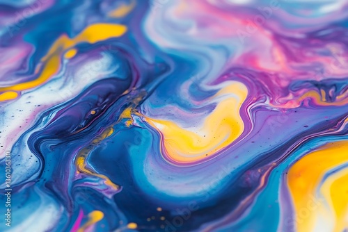 Colorful abstract background with an oil slick on the water surface. Blue, purple, and yellow colors. Ink color swirls creating beautiful patterns on the ground. Macro shot.