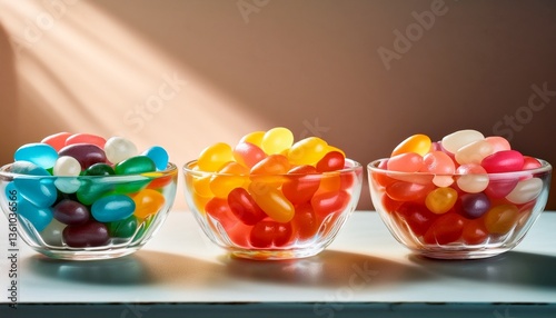 Glass bowl full of colorful jelly jars
