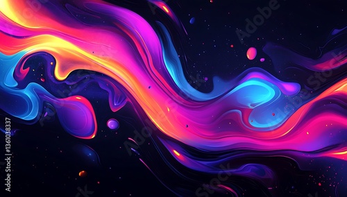 Colorful abstract background with vibrant liquid paint splashes, glowing waves, and swirls on a dark black background. Digital illustration of a creative vector design for a poster or banner.