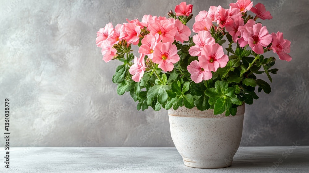 Pink Geranium Flowers in a Pot with Grey Background Pink Geranium Flowers in a Pot with Grey Background