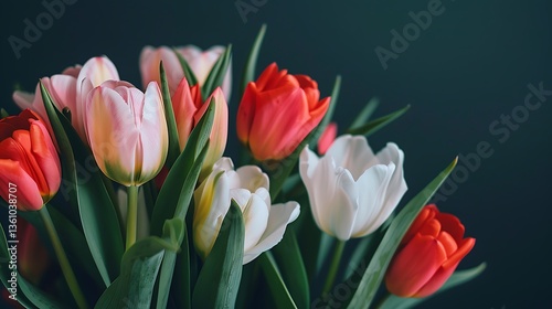 Beautiful Tulip Flower Bouquet Featuring Vibrant Pink and White Blossoms with Lush Green Leaves, Arranged in a Soft Natural Light Setting, Showcasing the Elegance and Grace of Springtime Blooms