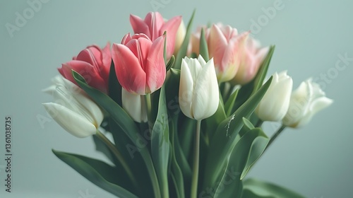 Beautiful Tulip Flower Bouquet Featuring Vibrant Pink and White Blossoms with Lush Green Leaves, Arranged in a Soft Natural Light Setting, Showcasing the Elegance and Grace of Springtime Blooms