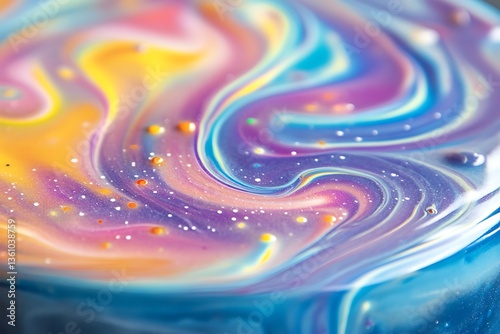 Colorful oil slick on the ground with blue, purple, and yellow swirls. Abstract background of liquid paint. Close-up photo of a soap film pattern.