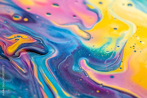 Colorful oil slick on the ground with blue, purple, and yellow swirls. Abstract background of liquid paint. Close-up photo of a soap film pattern.
