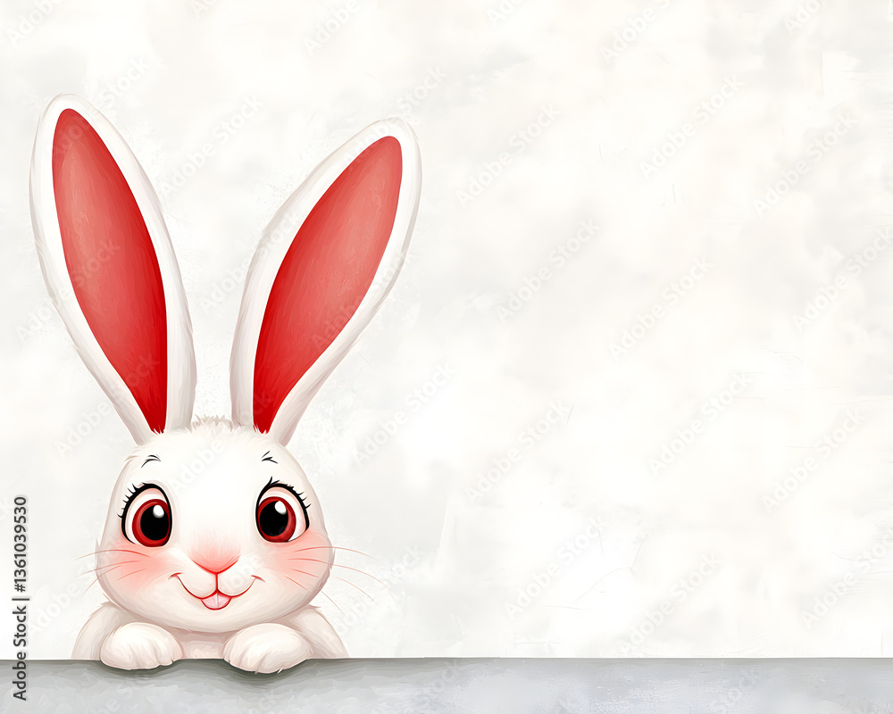 Fototapeta premium cute white bunny with large pink ears peeks over gray surface against light textured background, evoking joy