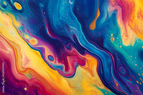 Colorful oil slick on the ground with blue, purple, and yellow swirls. Abstract background of liquid paint. Close-up photo of a soap film pattern.