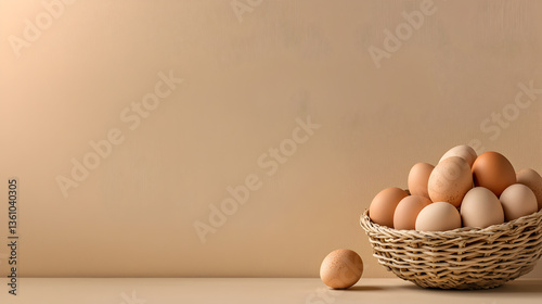 simple beige backdrop with woven basket filled with fresh brown eggs, one egg placed outside basket
