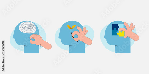 Mental health concept, psychological problem. Human head with jigsaw, plants, brain confused. Flat Vector illustration.