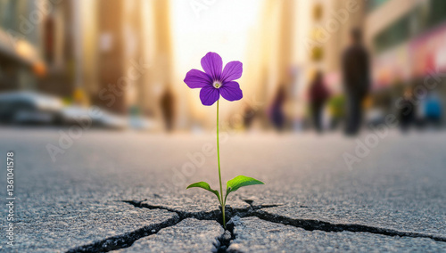 vibrant violet flower emerges through crack in asphalt, symbolizing resilience and beauty in urban environment