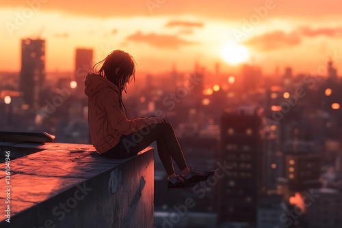 Cute anime girl sitting on the edge of a rooftop, cityscape background, black hair and a hoodie with a heart design, sunset lighting, high-angle view, detailed urban skyline