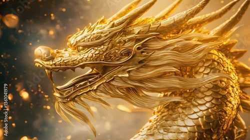Golden dragon statue with agricultural elements in a golden field
