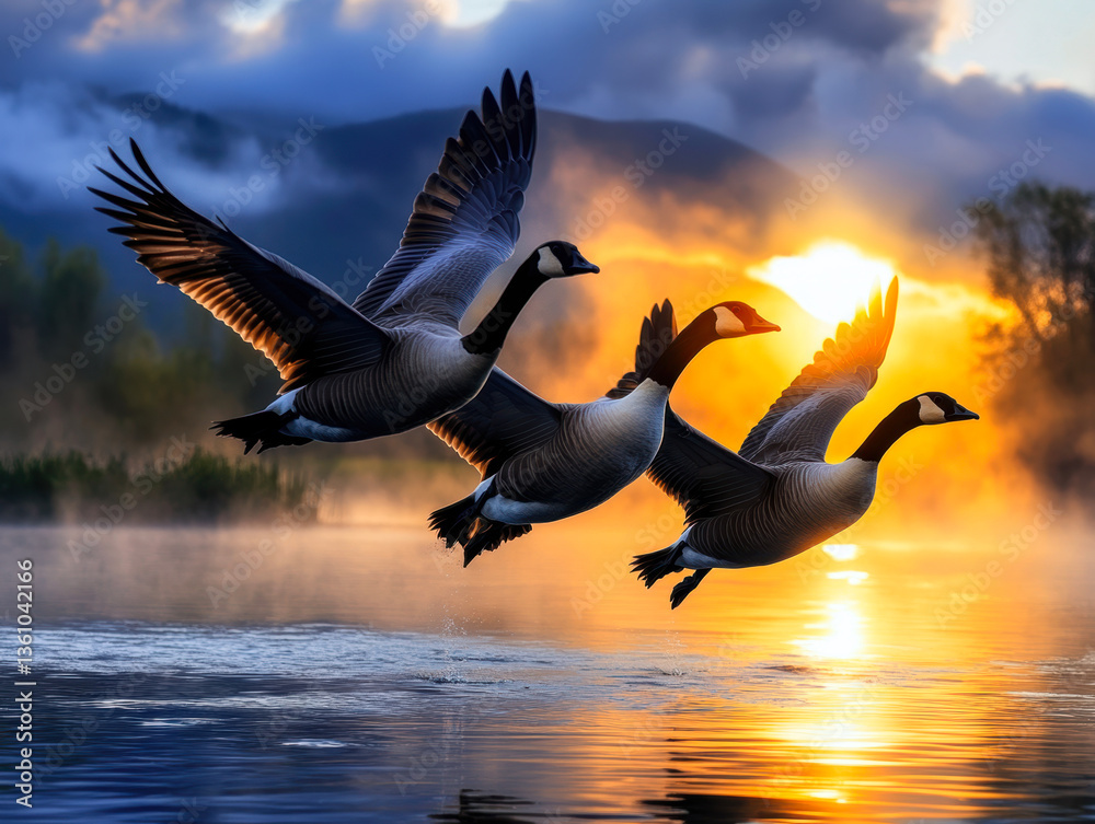 Fototapeta premium A breathtaking scene of three Canadian geese gliding gracefully over a tranquil lake at dawn, illuminated by the warm glow of the rising sun amidst a misty backdrop.
