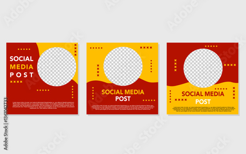 Three social media posts are designed in red and yellow.