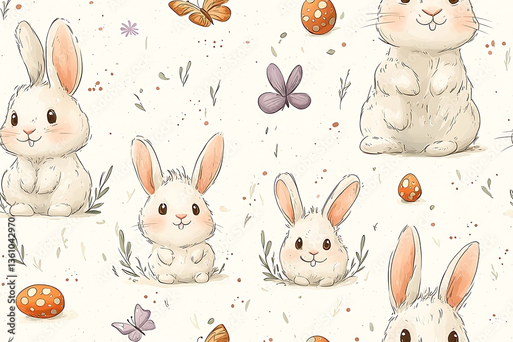 Fototapeta premium Cute Easter Bunny Illustration Pattern with Decorated Eggs and Butterflies