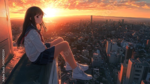 Cute anime girl sitting on the edge of a rooftop, cityscape background, black hair and a hoodie with a heart design, sunset lighting, high-angle view, detailed urban skyline