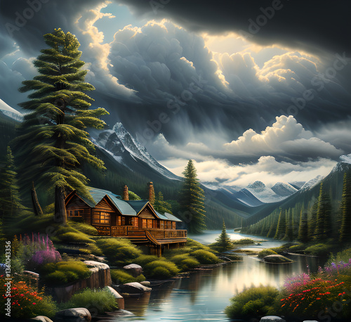 A serene landscape view of a valley with mountains in the distance, accompanied by fluffy white clouds,generative ai