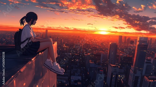 Cute anime girl sitting on the edge of a rooftop, cityscape background, black hair and a hoodie with a heart design, sunset lighting, high-angle view, detailed urban skyline