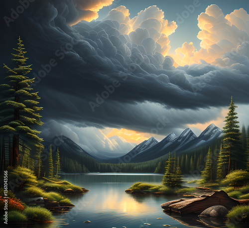 A serene landscape view of a valley with mountains in the distance, accompanied by fluffy white clouds,generative ai