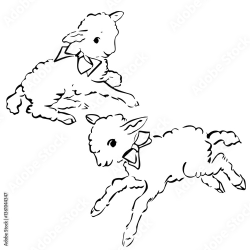 Baby Lambs in Cute Retro Illustration Style