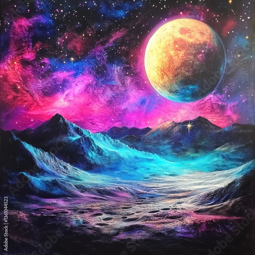 Celestial Vista, A planetary landscape with cosmic dust and distant moon photo