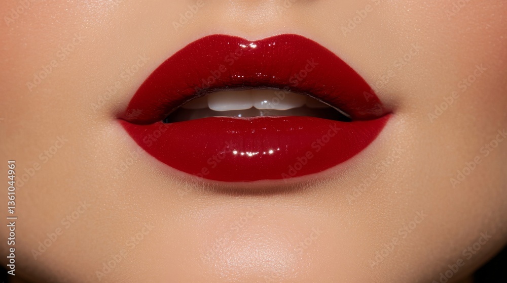 Obraz premium Bold red lipstick application beauty studio makeup tutorial glamorous setting close-up view cosmetic artistry