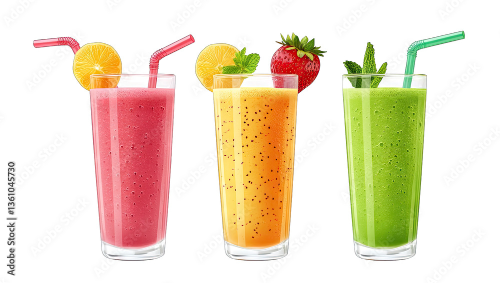 three colorful smoothies in tall glasses each garnished with fru three colorful smoothies in tall glasses each garnished with fru