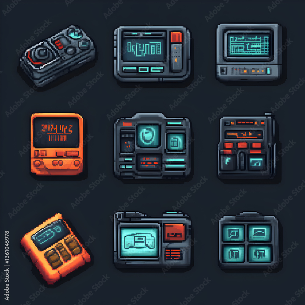 Retro Futuristic Pixel Art UI Devices Game Interface Set Retro Futuristic Pixel Art UI Devices Game Interface Set