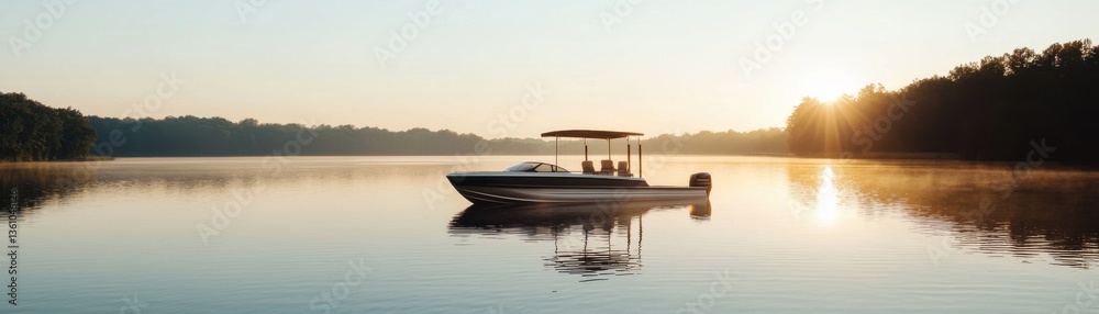 Obraz premium A serene boat floating on a calm lake at sunrise, reflecting the warm hues of dawn.