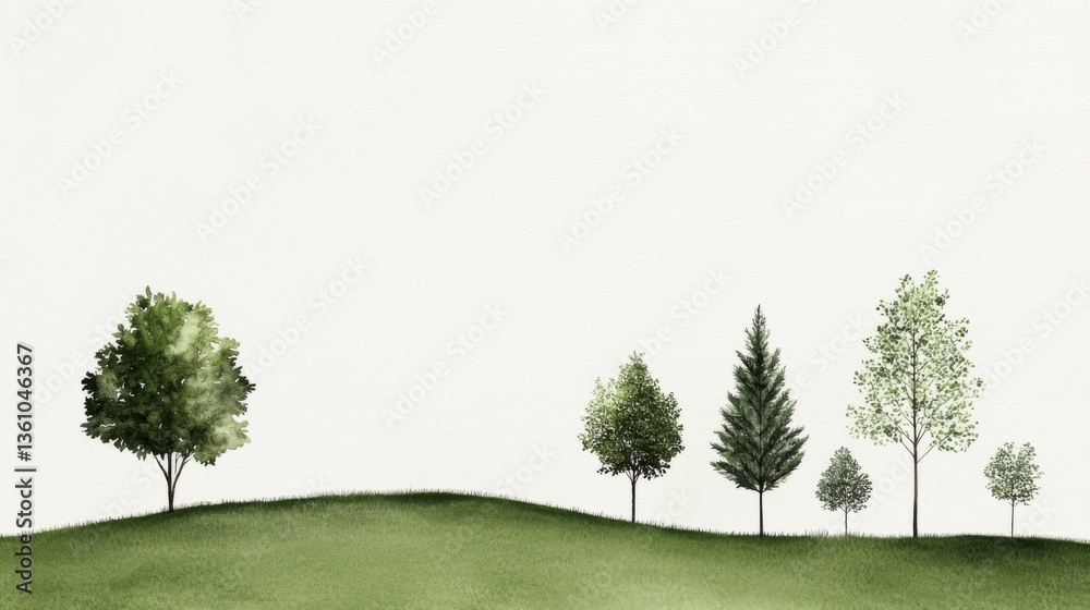 Fototapeta premium A serene landscape showcasing a variety of trees on a gentle green hill.