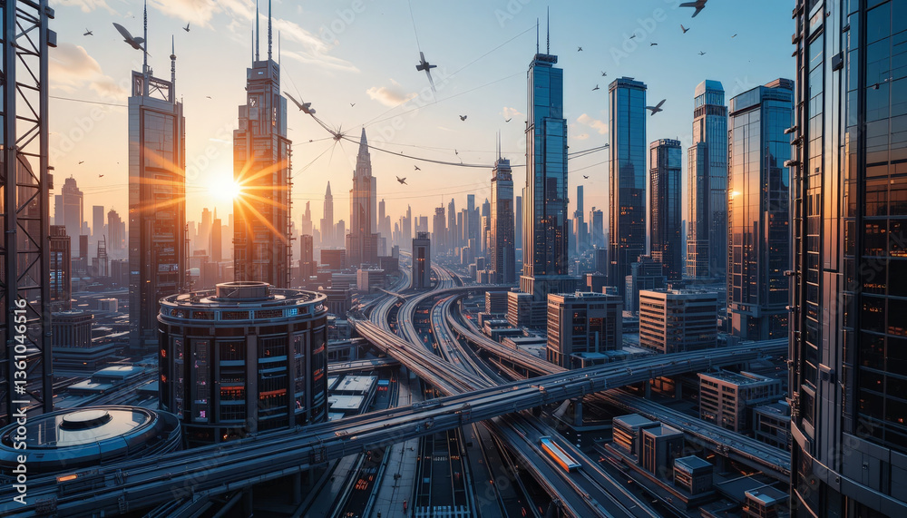 Fototapeta premium stunning futuristic cityscape at sunset, showcasing towering skyscrapers, intricate roadways, and vibrant skyline filled with flying vehicles. scene evokes sense of innovation and progress