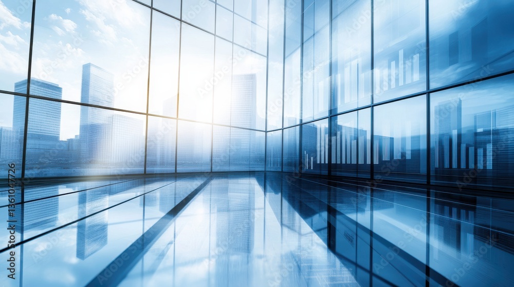 Fototapeta premium Modern glass office interior with stunning skyline views, reflections, and bright natural light enhancing productivity and creativity