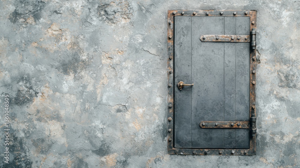 An aged metal door with a rustic finish set against a weathered concrete wall. An aged metal door with a rustic finish set against a weathered concrete wall.