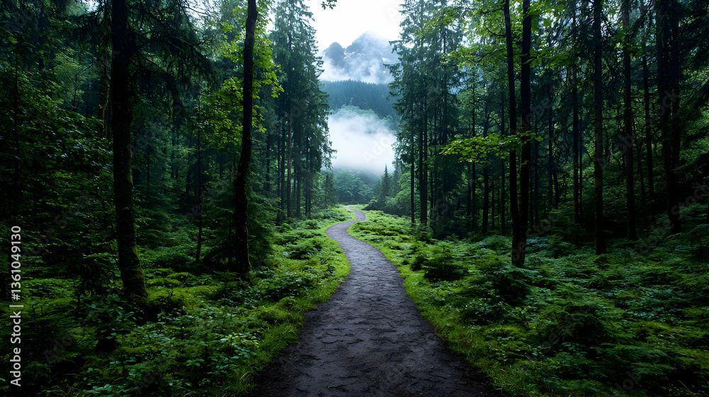 Forest Path Through Lush Green Trees on a Misty Day Forest Path Through Lush Green Trees on a Misty Day