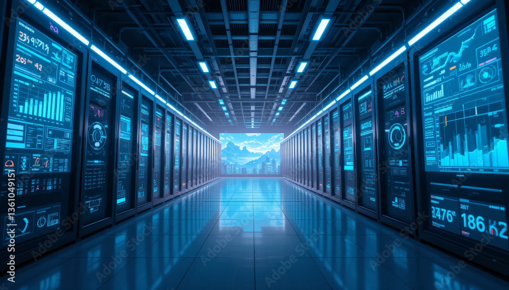 futuristic data center with glowing blue lights and digital screens displaying various analytics and graphs creates high tech atmosphere. sleek design and advanced technology evoke sense