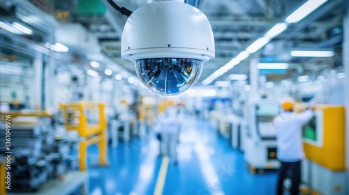 High-Resolution Security Camera Hanging in Modern Factory with Blue Floor and Industrial Equipment in Background