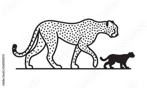 cheetah silhouettes with cub. Fully editable Flat and Outline. 