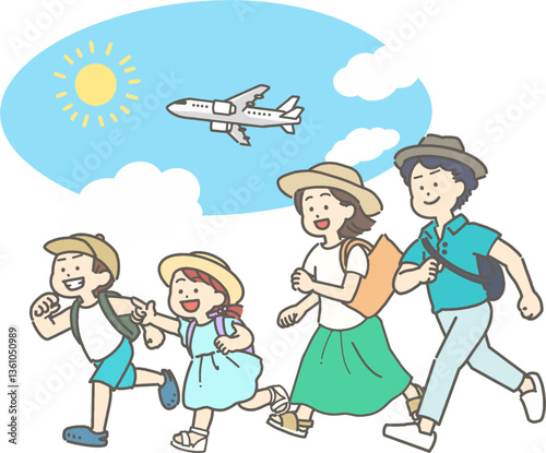 夏の空と飛行機と家族のイラスト
