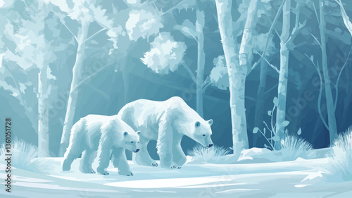 Digital illustration depicting two polar bears, an adult and a cub, walking through a snowy forest.  The color palette is predominantly cool, with shades of white and blue dominating the scene.