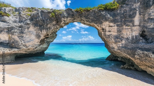 Majestic rock archway framing turquoise ocean and pristine sand beach