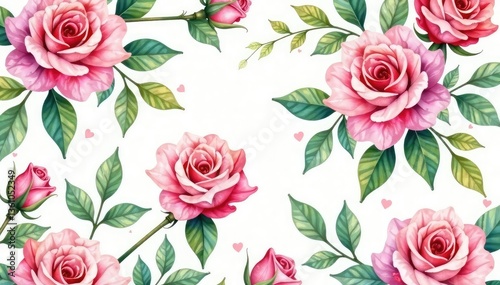 Delicate watercolor roses, lush leaves Seamless repeat , graphic, roses