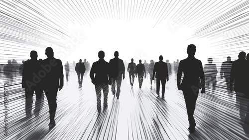 The image depicts a group of human figures rendered as dark silhouettes, walking towards a bright, white light source at the end of a long corridor.  The corridor is composed of radiating lines