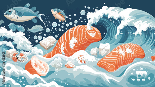A stylized illustration depicting a large ocean wave with various types of seafood, including salmon fillets, tuna, and other smaller fish. The style is illustrative and cartoonish, with bold