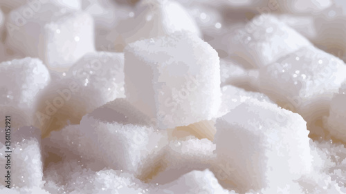 Close-up macro photograph of numerous white sugar cubes resting on a bed of granulated sugar. The image shows a detailed texture of the sugar cubes, with some showing slight moisture or glistening.