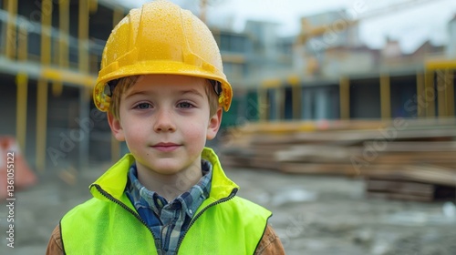 A junior worker at a construction site wearing safety gear