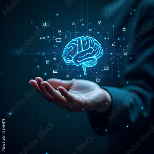 Innovation's Embrace: A person tenderly holds a glowing, luminous brain, symbolizing intelligence and innovation, within a futuristic digital network.