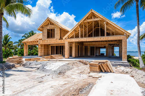 A new construction tropical beachfront Florida luxury home, wood frame, building site, real estate
